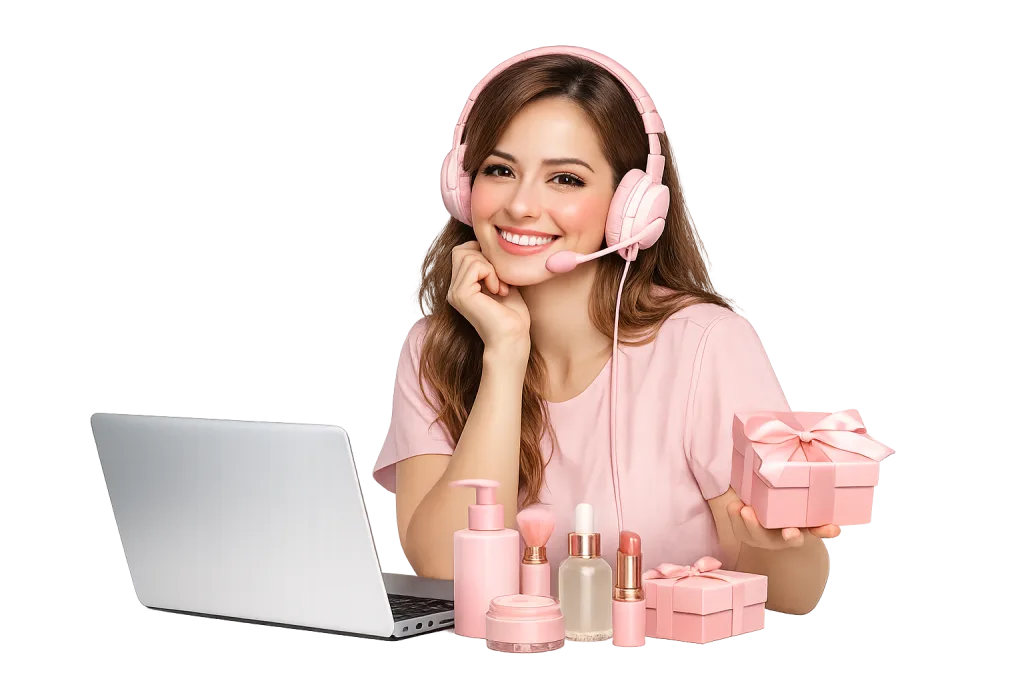 یک اپراتور پشتیبانی خانم با هدفون و لبخند برای تماس با ما