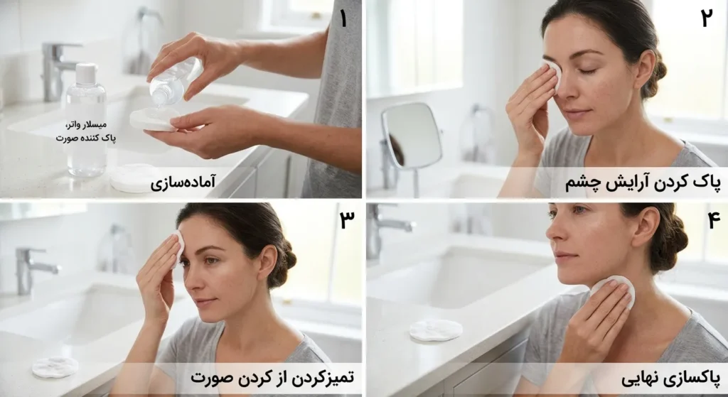 مراحل استفاده از میسلار واتر روی صورت با پد پنبهای